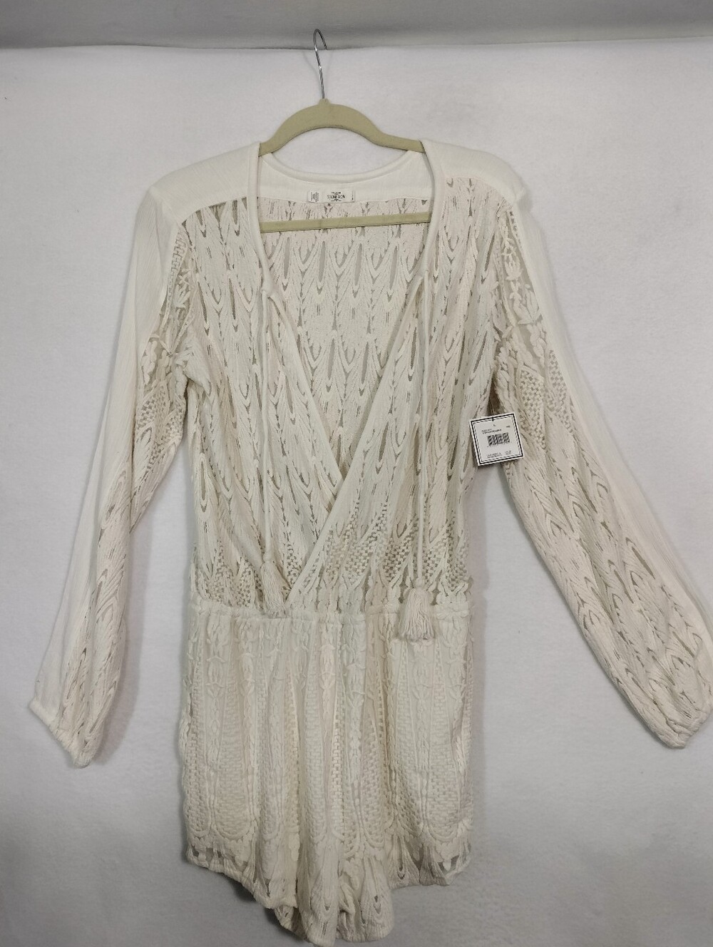 Volcom Cream Crochet Wrap Romper - Open-Knit Long Sleeve